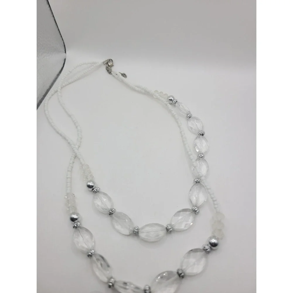 White Clear Double Strand Beaded Necklace Faceted Oval Silver Tone Statement
